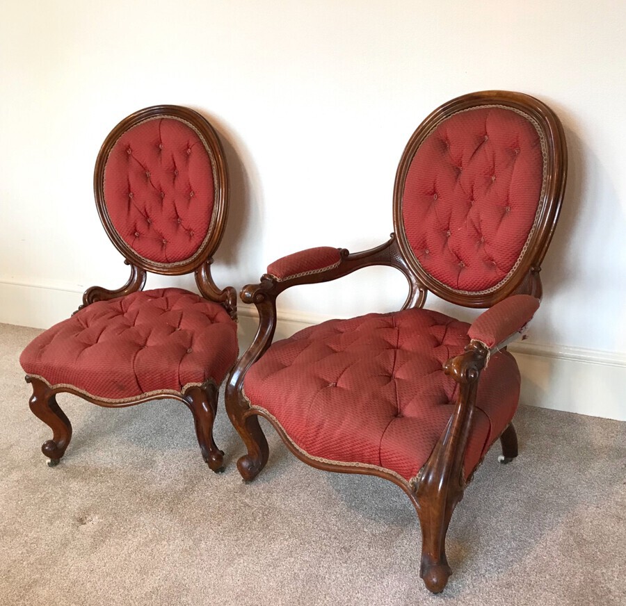 Antique A Pair Of Victorian Walnut Chairs, Button Back, Arm Chairs, Circa 1875