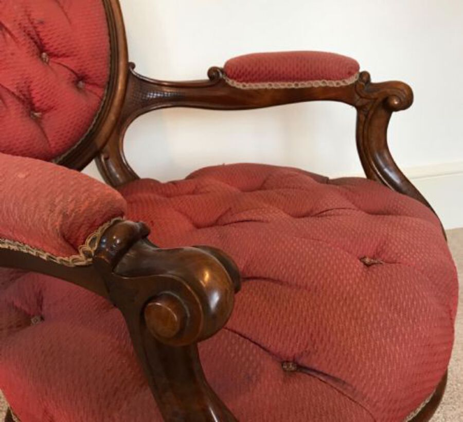 Antique A Pair Of Victorian Walnut Chairs, Button Back, Arm Chairs, Circa 1875