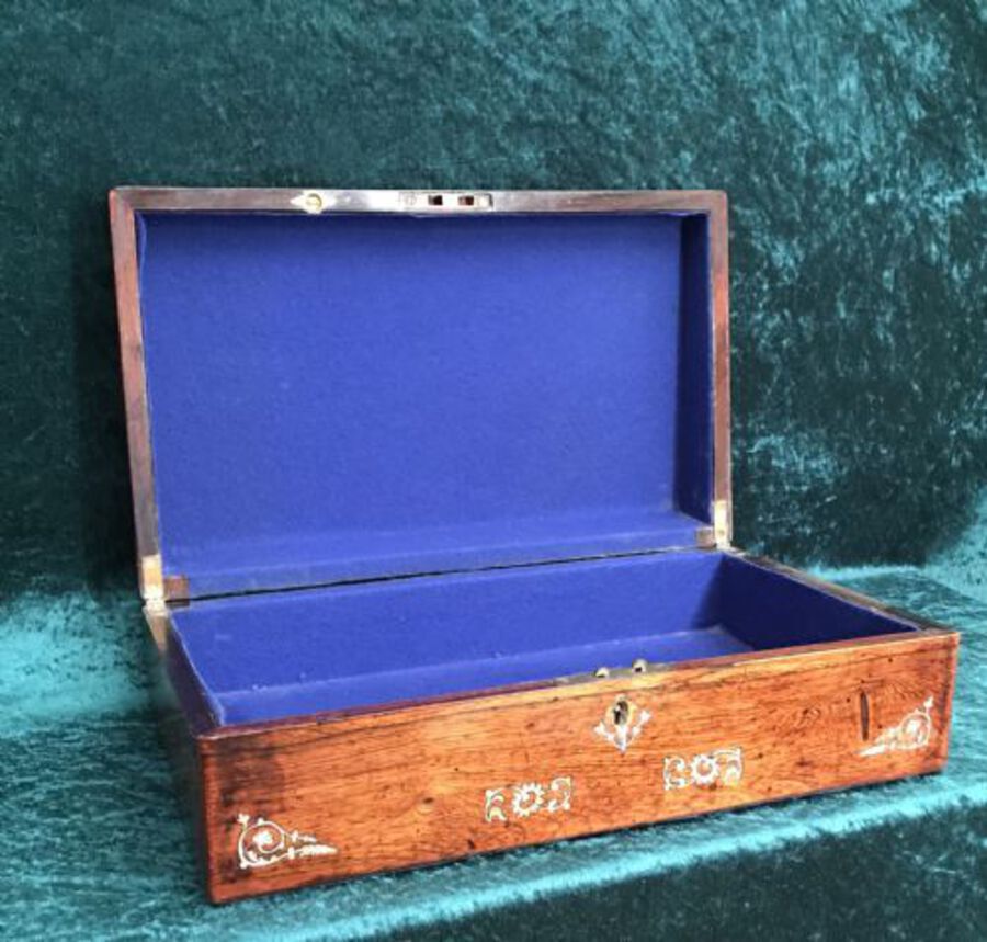 Antique Victorian Rosewood Box Inlaid With Mother Of Pearl Circa 1875