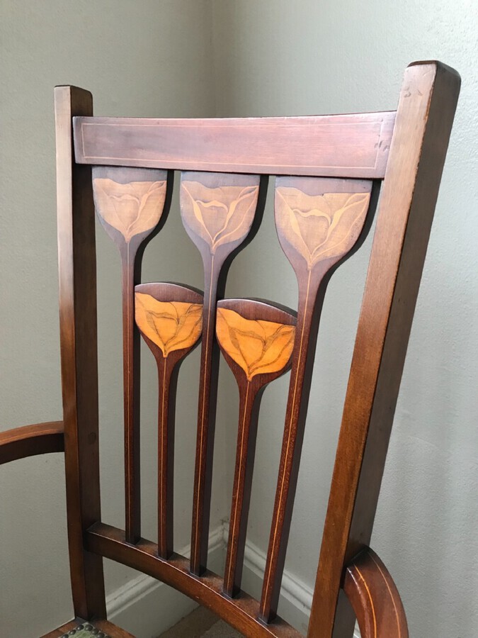 Antique Art Nouveau Marquetry Decorated Elbow Chair, Arts And Crafts. Carver Chair