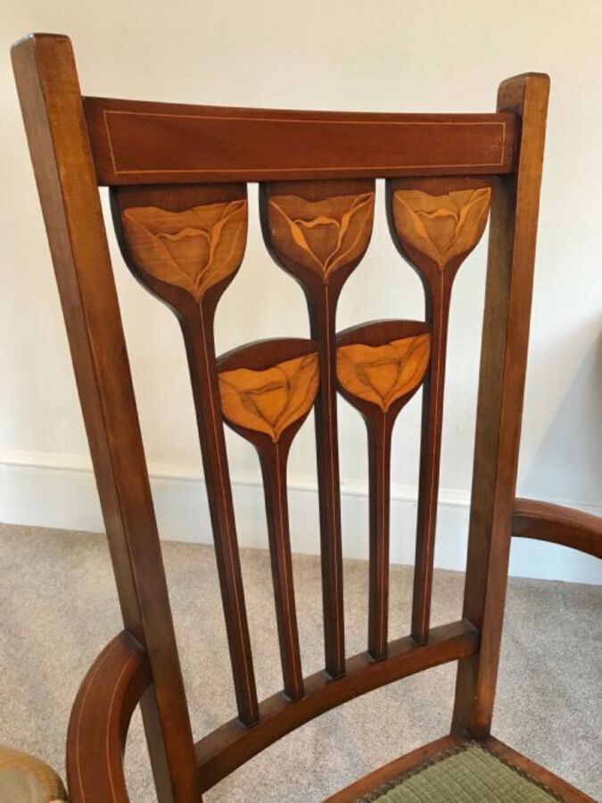 Antique Art Nouveau Marquetry Decorated Elbow Chair, Arts And Crafts. Carver Chair