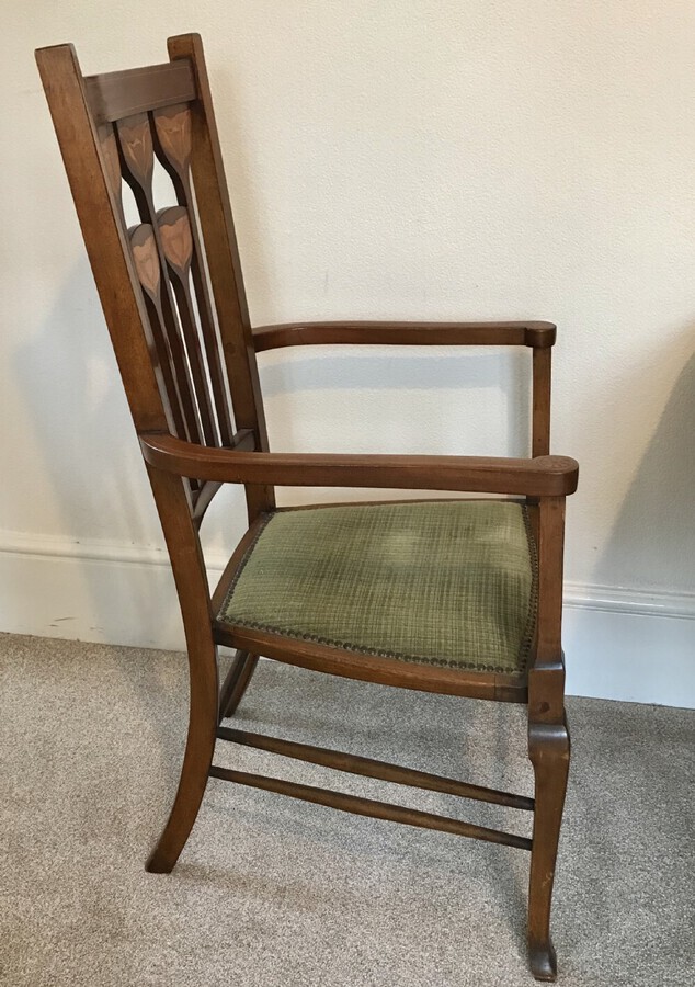 Antique Art Nouveau Marquetry Decorated Elbow Chair, Arts And Crafts. Carver Chair