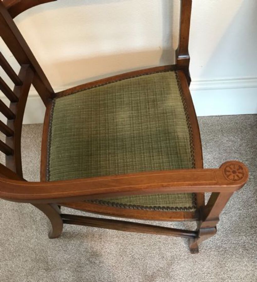 Antique Art Nouveau Marquetry Decorated Elbow Chair, Arts And Crafts. Carver Chair