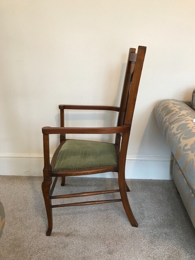 Antique Art Nouveau Marquetry Decorated Elbow Chair, Arts And Crafts. Carver Chair