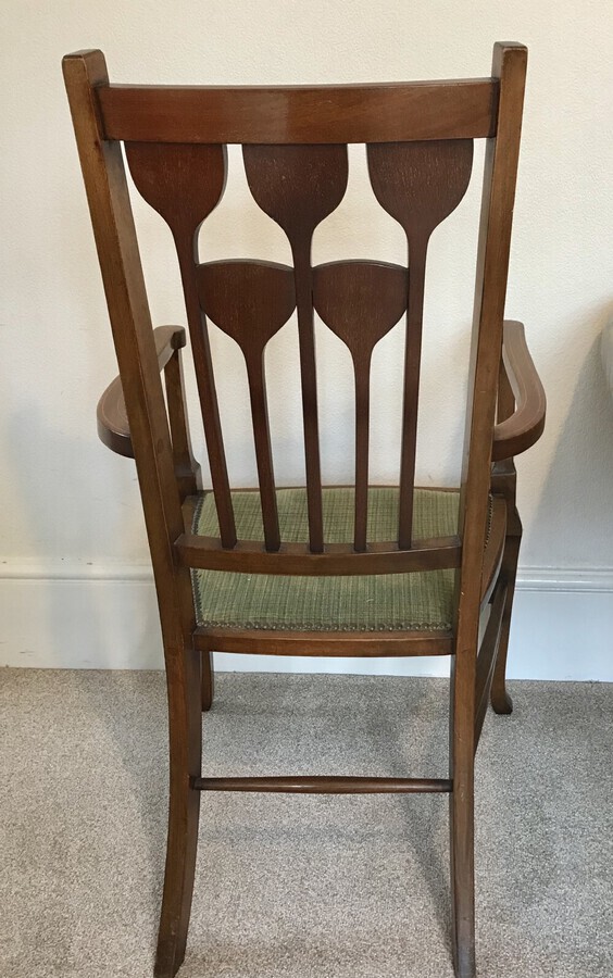Antique Art Nouveau Marquetry Decorated Elbow Chair, Arts And Crafts. Carver Chair