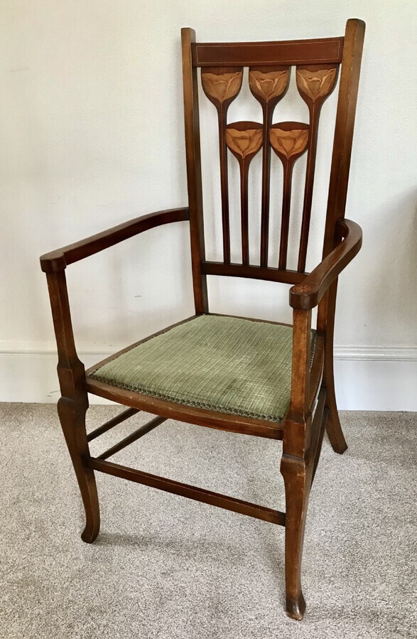 Antique Art Nouveau Marquetry Decorated Elbow Chair, Arts And Crafts. Carver Chair