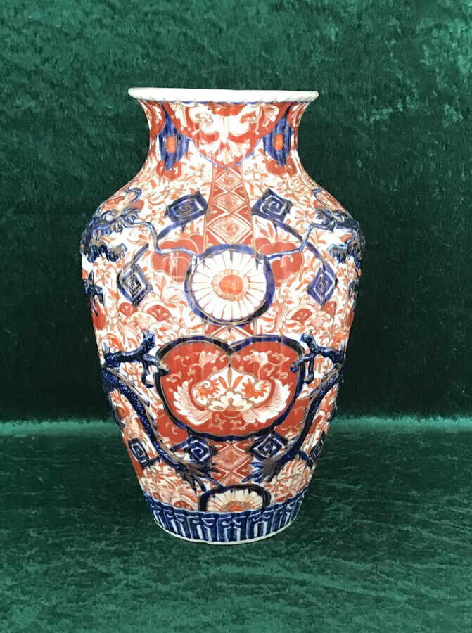 Antique Blue Dragon, Imari Ribbed Vase, Circa 1900