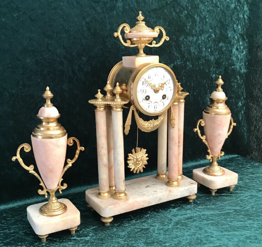 Decorative Victorian Pink Marble Portico Clock Circa 1875. Clock Garniture