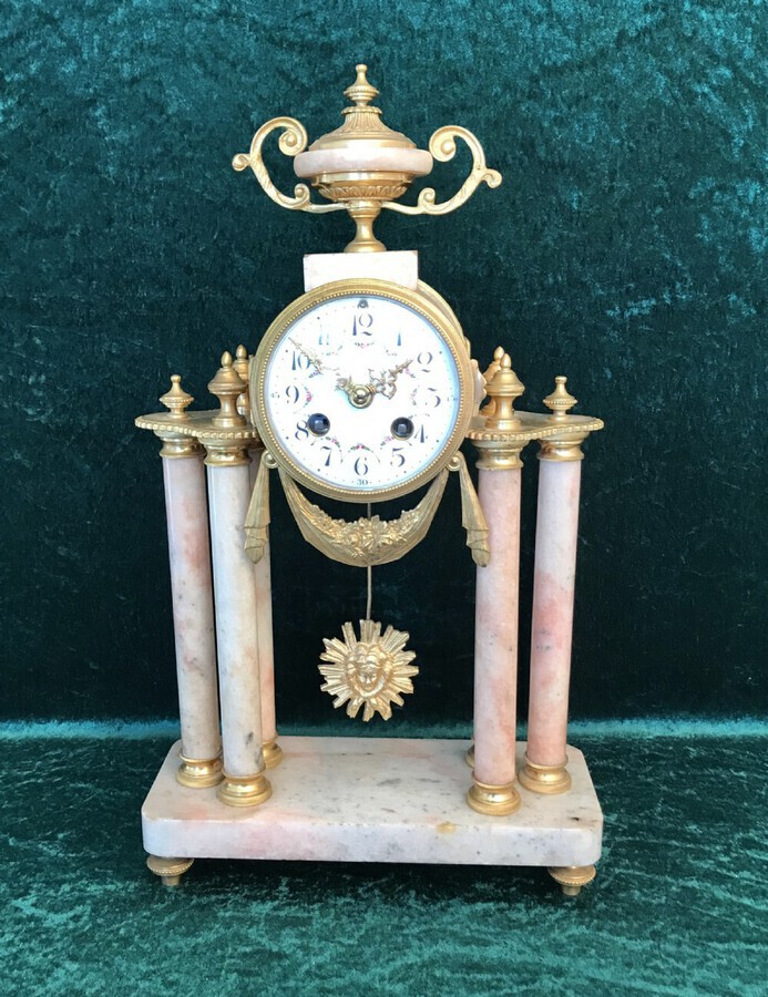 Antique Decorative Victorian Pink Marble Portico Clock Circa 1875. Clock Garniture