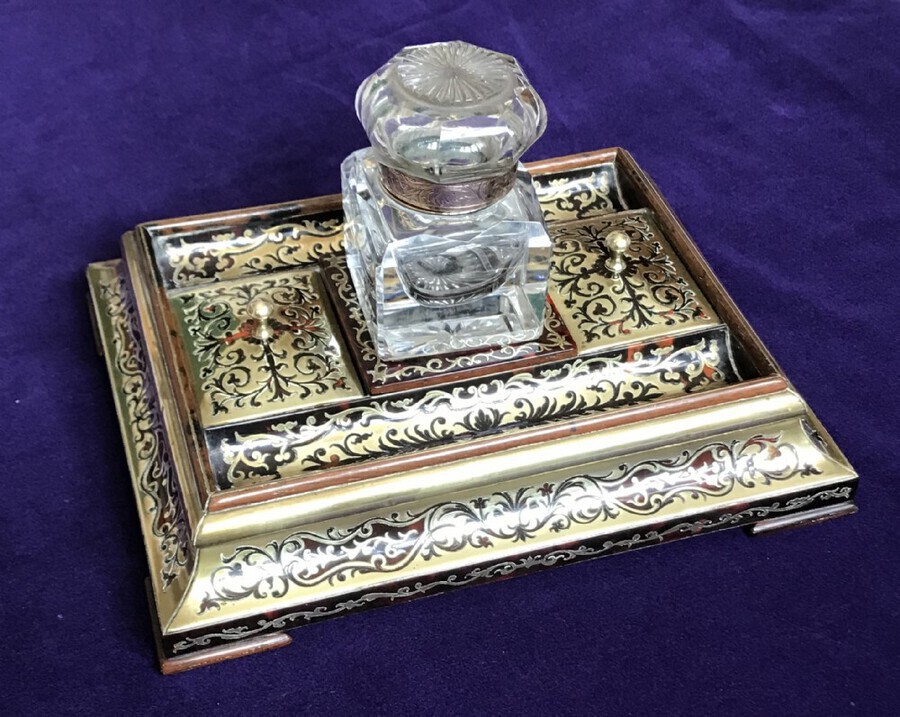 Antique Boulle Desk Stand Circa 1875 Inkwell.