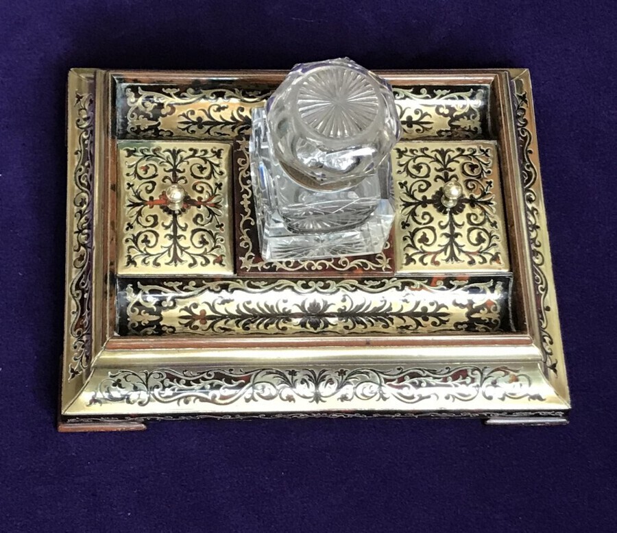 Antique Boulle Desk Stand Circa 1875 Inkwell.