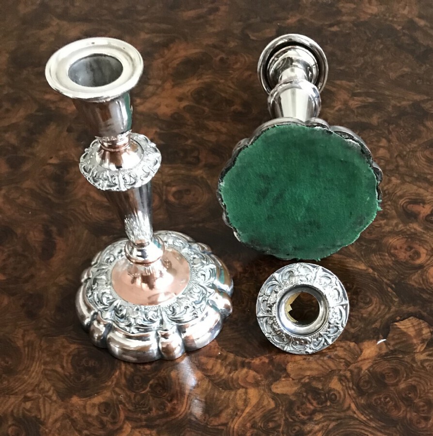 Antique A Pair Of Old Sheffield Plated Candlesticks Circa 1920