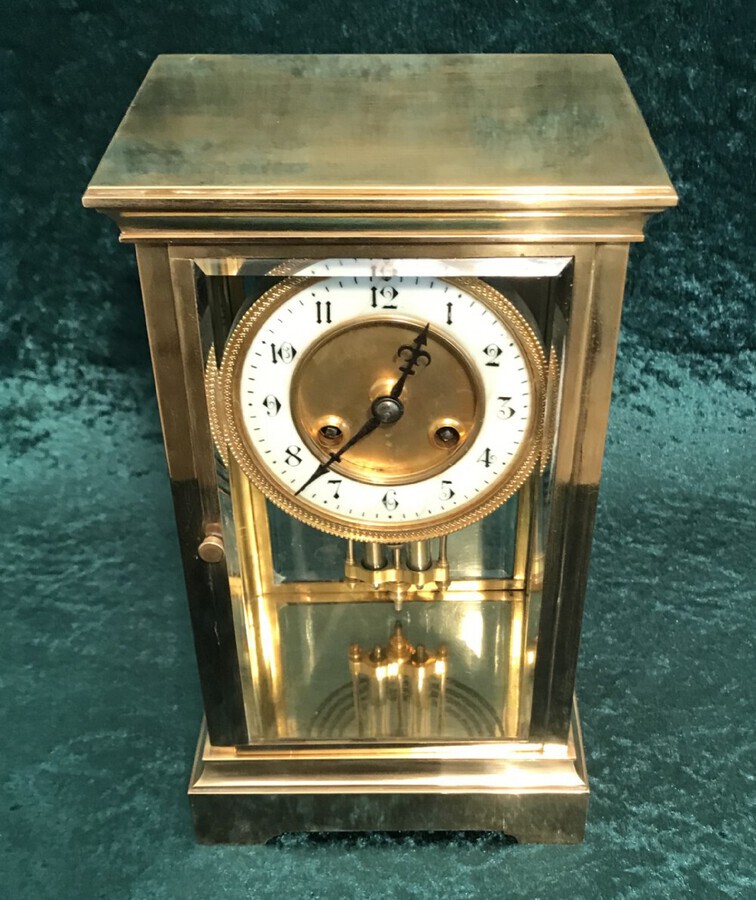 Antique Victorian Library, Mantel, Four Glass Clock, Antique Clock, With Mercurial Pendulums Circa 1900