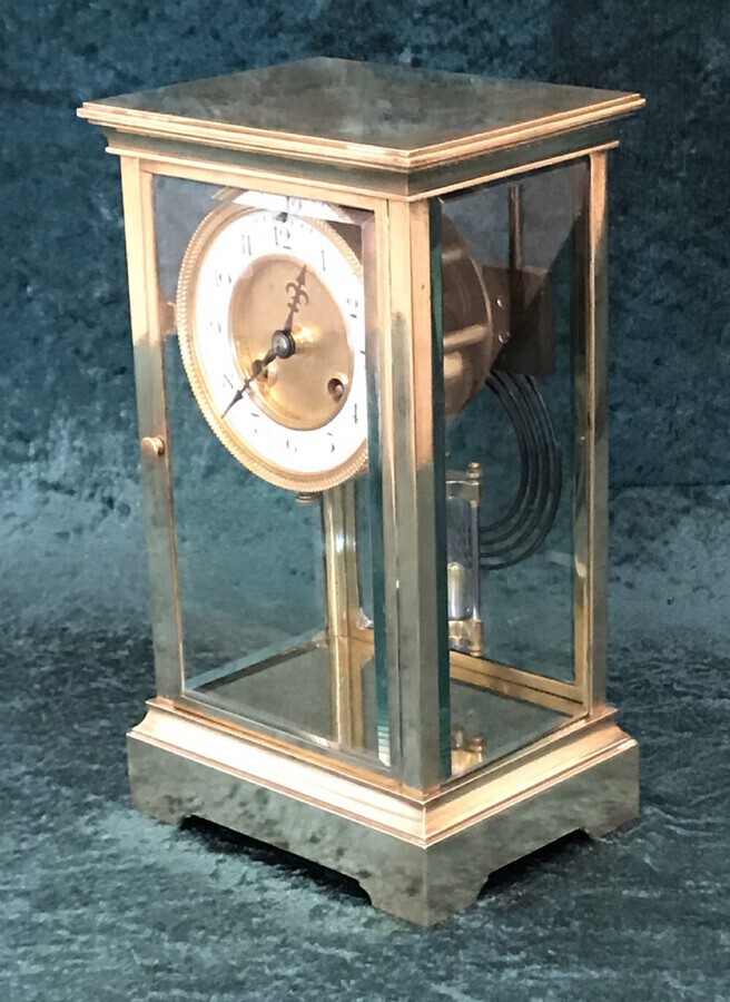 Antique Victorian Library, Mantel, Four Glass Clock, Antique Clock, With Mercurial Pendulums Circa 1900