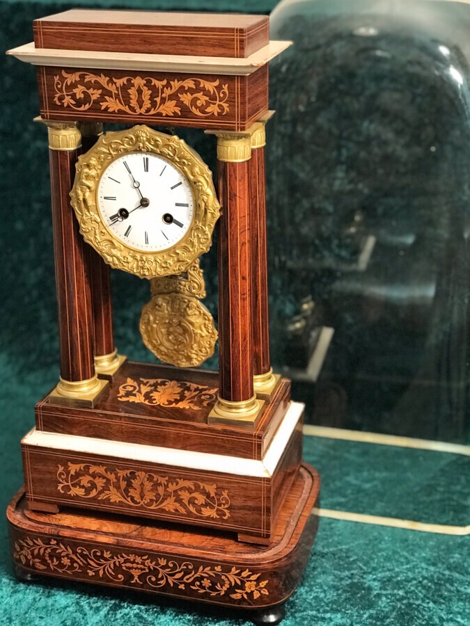 19th Century Marquetry Portico Clock Circa 1875. Library, Mantel, Or Table. Clock