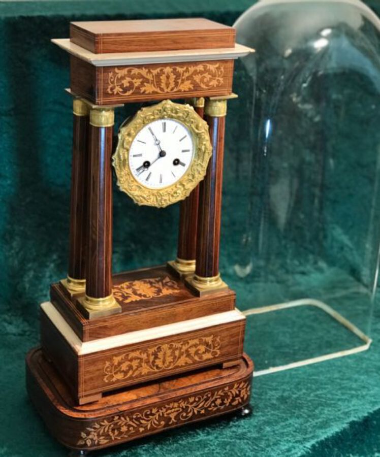 Antique 19th Century Marquetry Portico Clock Circa 1875. Library, Mantel, Or Table. Clock