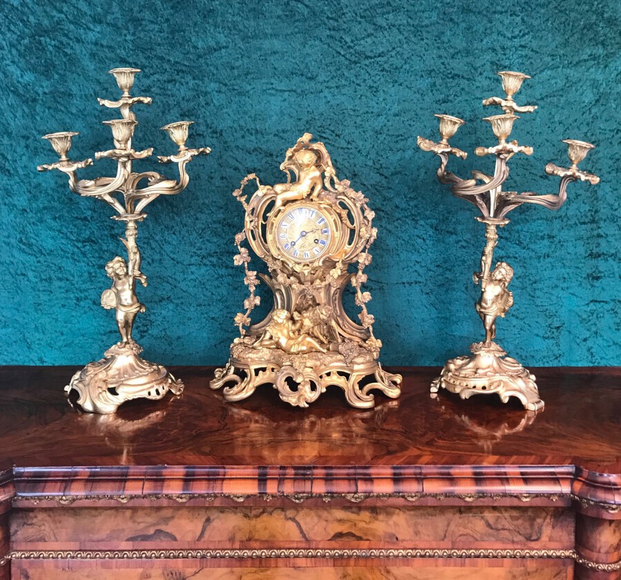 19th Century 8- Day Striking Clock Set Garniture Circa 1875