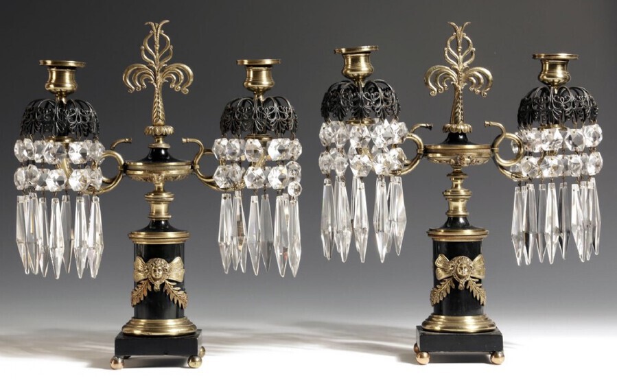 A Pair Of Early 19ct Patinated Bronze Lustre Candlesticks