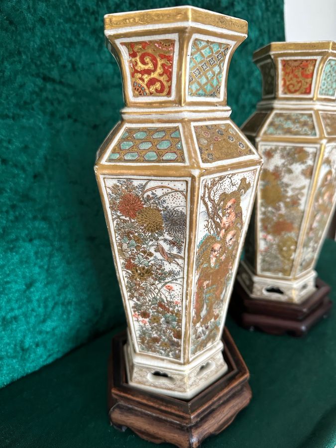 Antique A pair of 6 panel Japanese vases