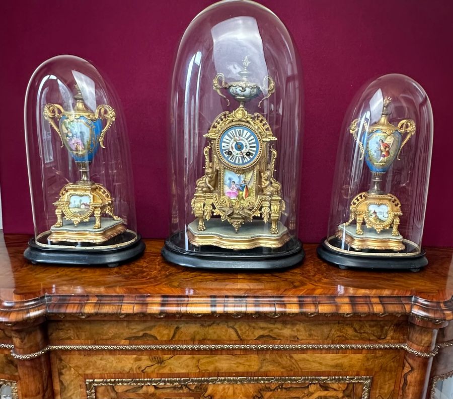 Antique Clock garniture with 3 glass domes, circa 1875