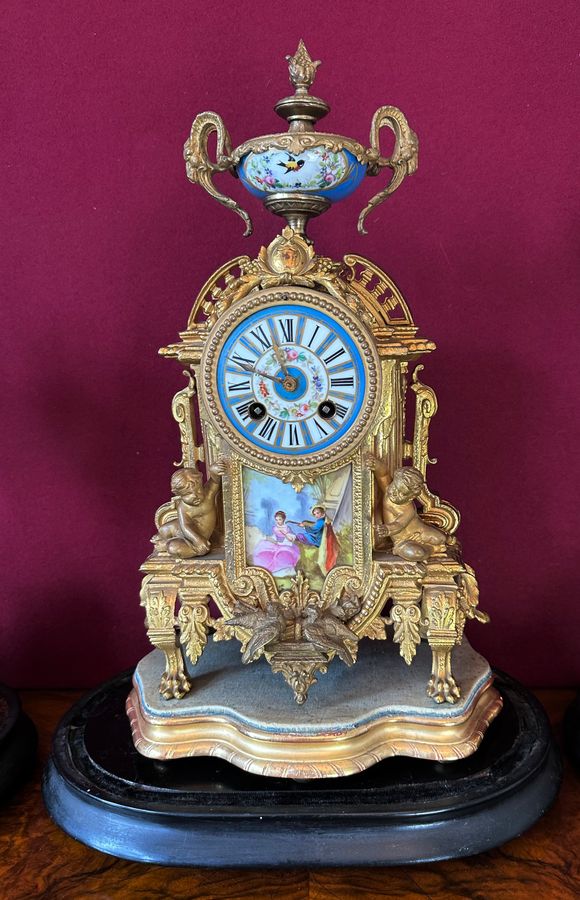 Antique Clock garniture with 3 glass domes, circa 1875