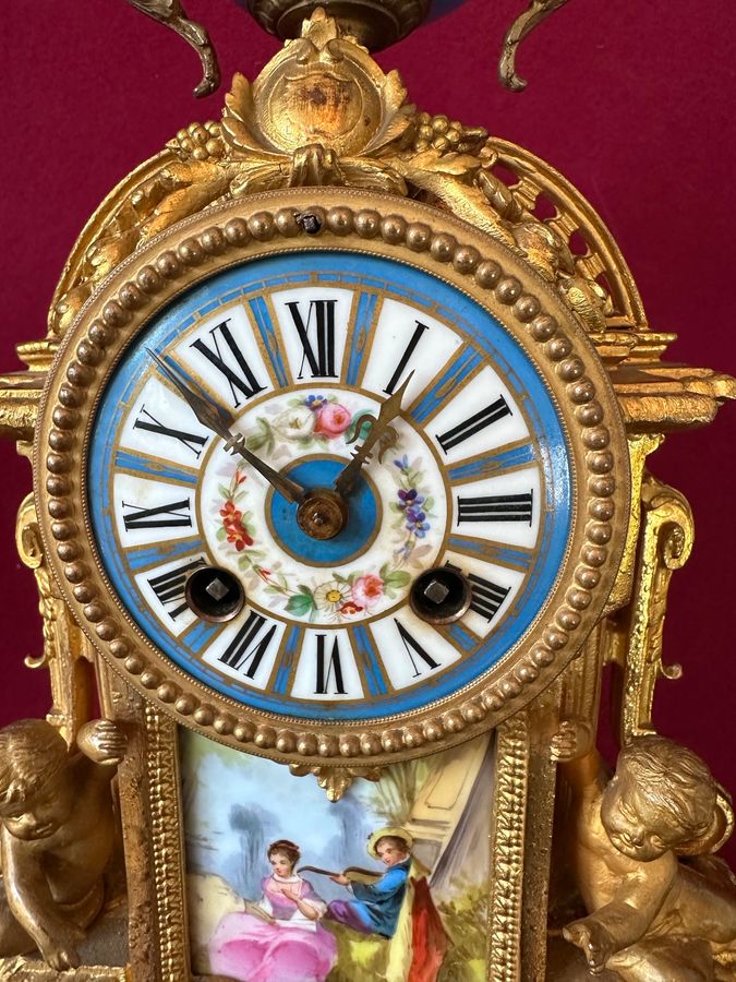 Antique Clock garniture with 3 glass domes, circa 1875