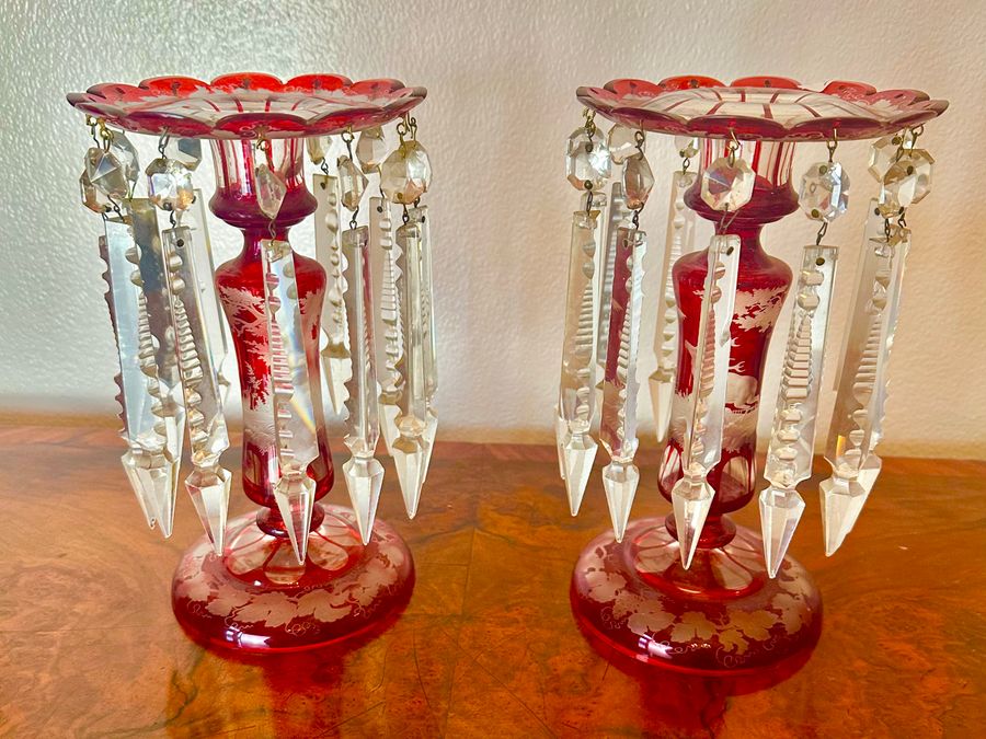 Pair of Victorian ruby glass lustres, circa 1875