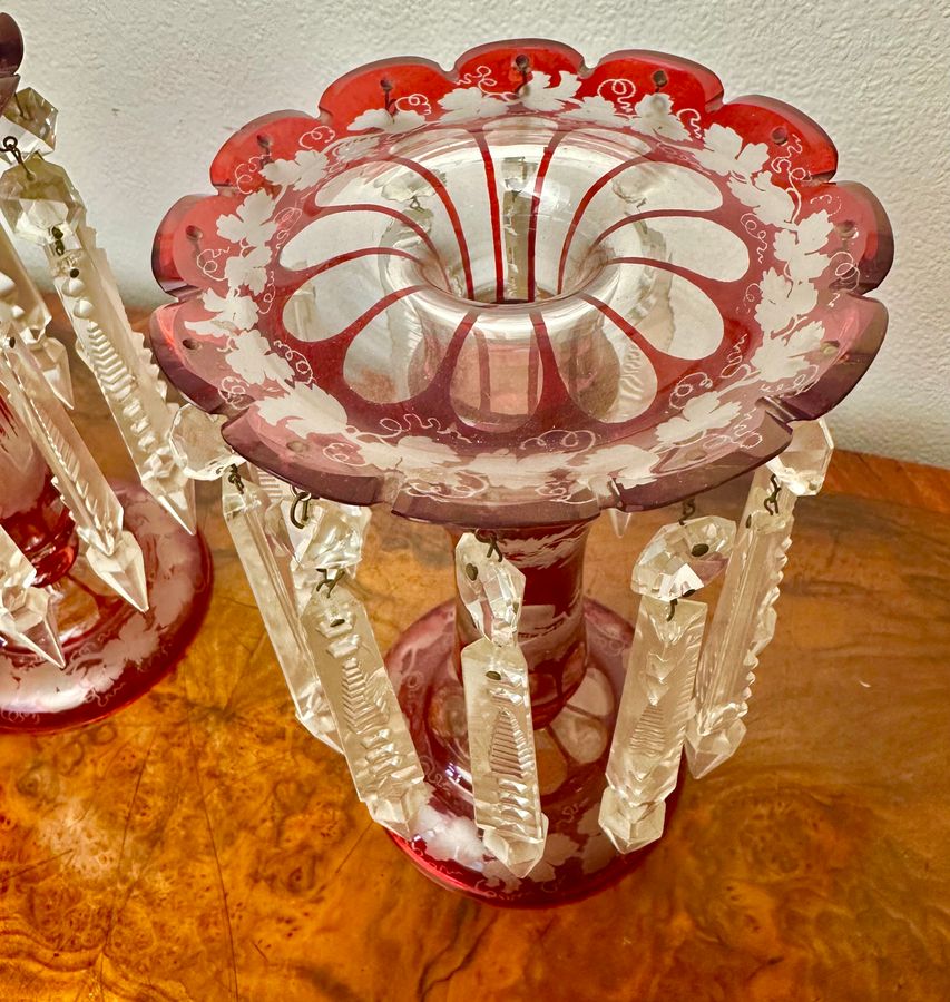 Antique Pair of Victorian ruby glass lustres, circa 1875