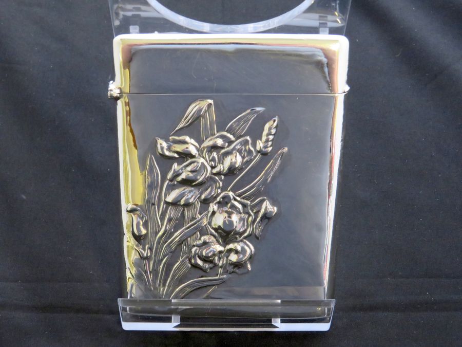 Antique Antique Eastern European Silver Card Case, Embossed With Iris Flowers, Circa 1900