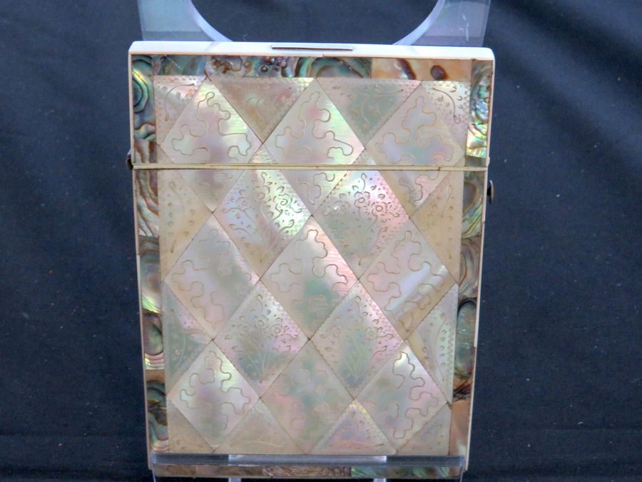 Antique Antique Victorian Mother Of Pearl Card Case, Abalone Borders, Circa 19th Century