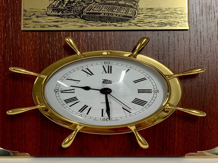 Antique Bronze-Dore, Ships-Wheel Quartz Timepiece & Lithograph Transfer Print HM Bounty, Circa 1980