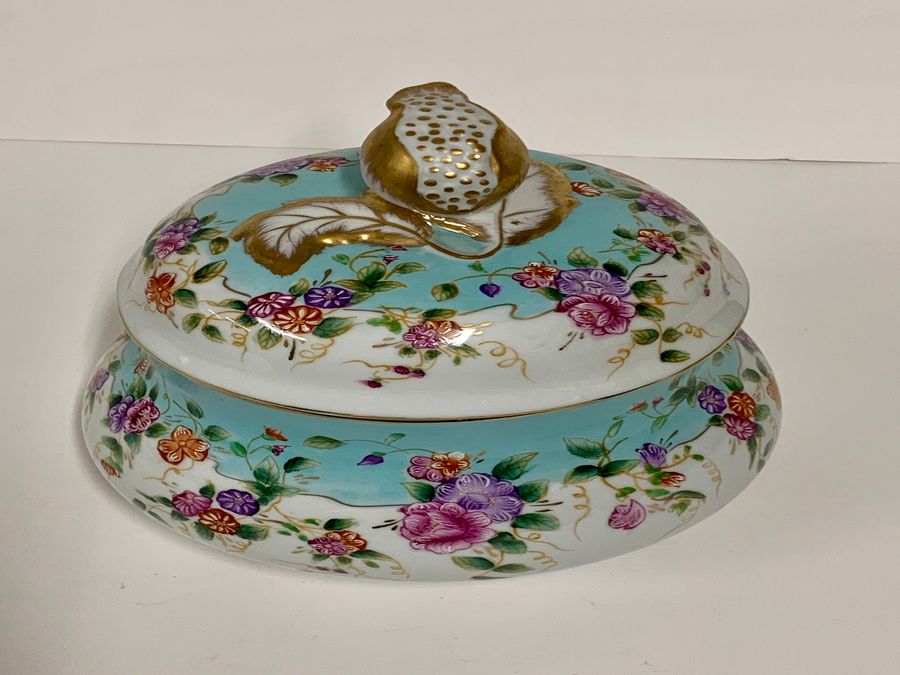 Antique Portuguese NAV Porcelain Circular Bowl & Cover On Circular Stand, Circa Late 20th Century