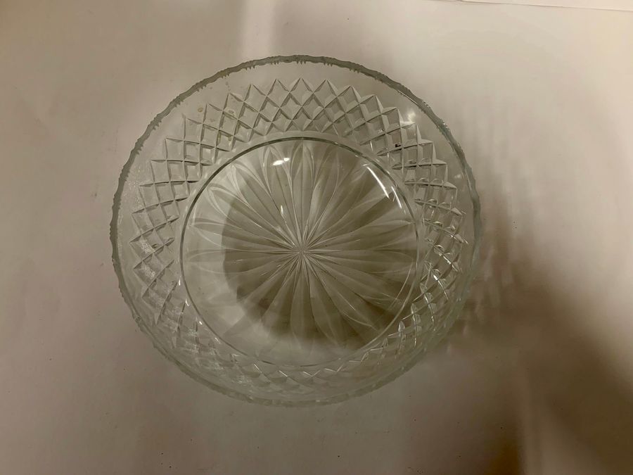 Antique Clear Glass Fruit Bowl, Circular & Diamond Cut Decoration, Circa Mid 20th Century