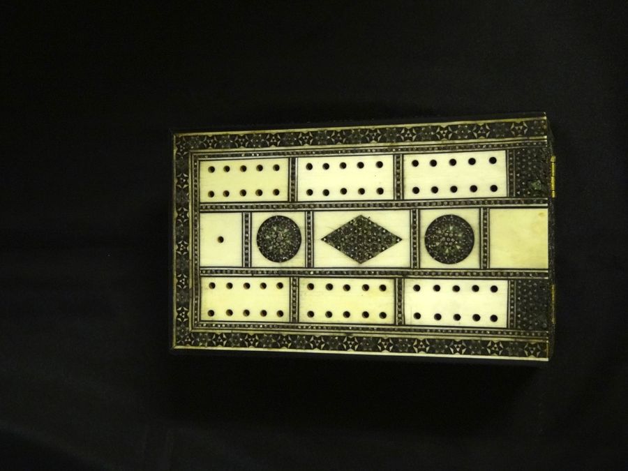 Antique Indian Sandalwood, Inlaid & Damascened Folding Games/Cribbage Box, Circa 20th Century
