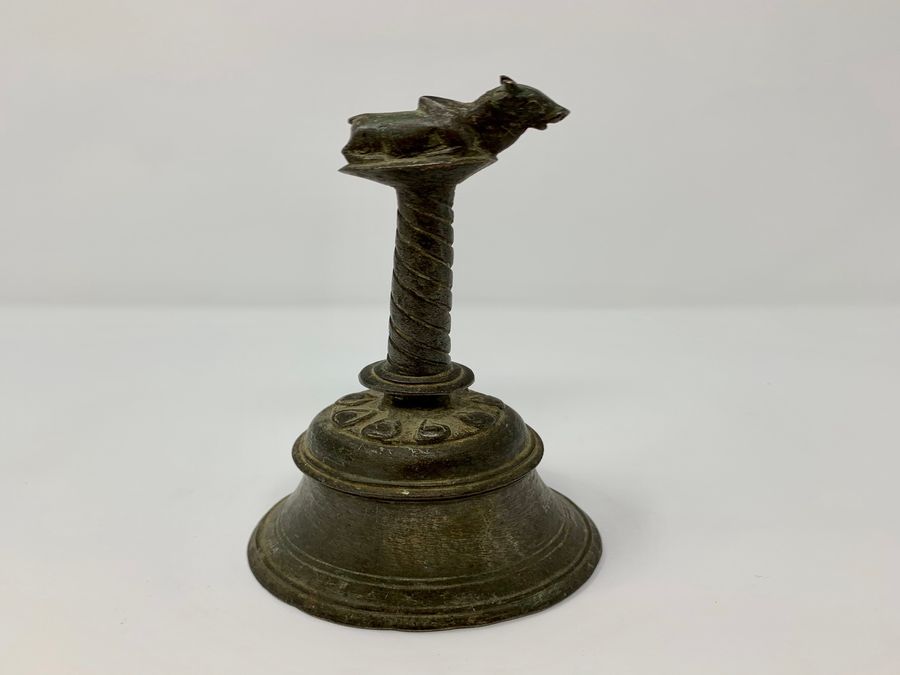 Antique Antique Hindu Metal Ritual Bell, Spiral Handle, South India, Circa 19th Century