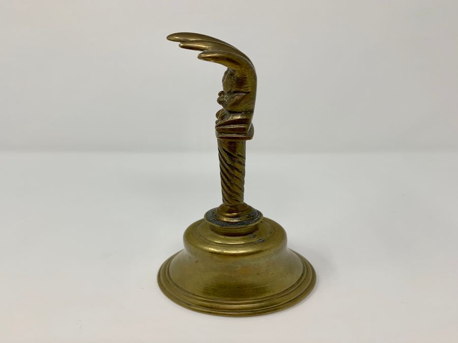 Antique Indian Brass Ritual Bell, Spiral Handle And Finial, South India, Circa 20th Century