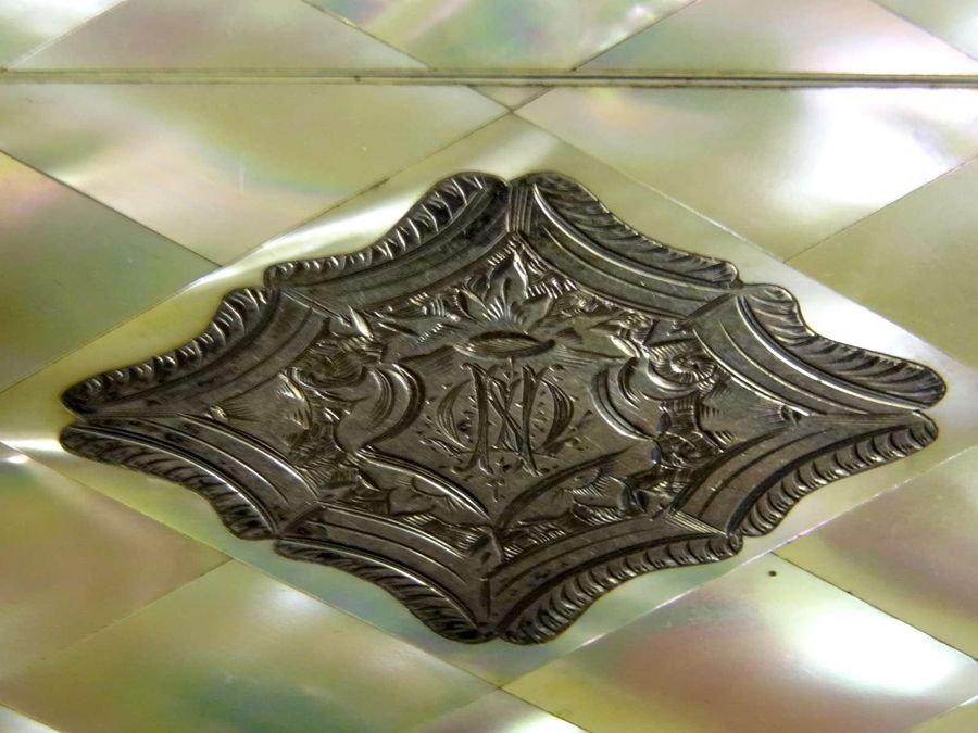 Antique Antique Victorian Mother Of Pearl & Silver Card Case, Monogrammed, 19th Century
