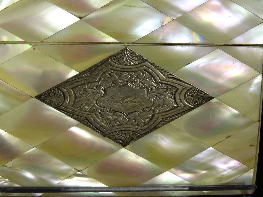 Antique Antique Victorian Mother Of Pearl & Silver Card Case, Floral Panel, Circa 19th Century