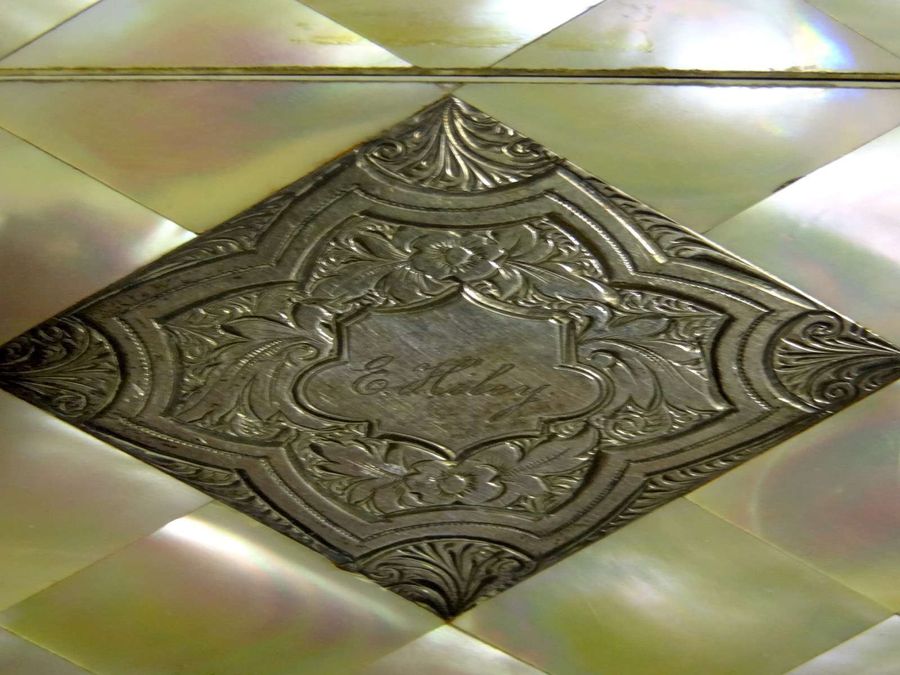 Antique Antique Victorian Mother Of Pearl & Silver Card Case, Floral Panel, Circa 19th Century