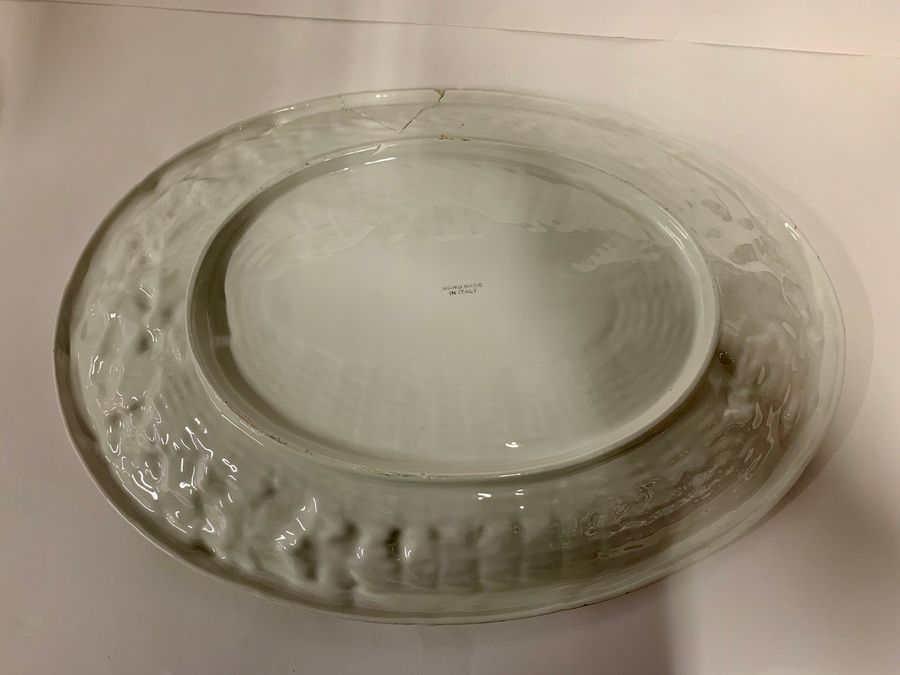 Antique Italian Pottery Basket Weave Oval Dish, Post-1950 Piece, Circa Late 20th Century