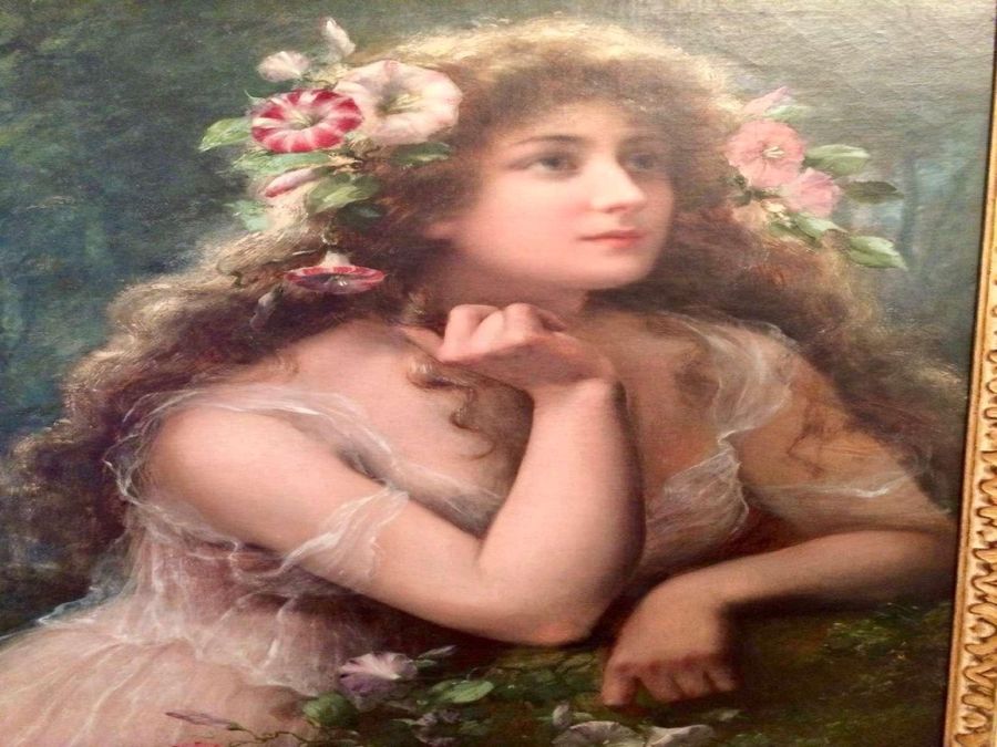 Antique A Garland Of Morning Glories, Emile Vernon, Oil On Canvas Painting, Circa 1900