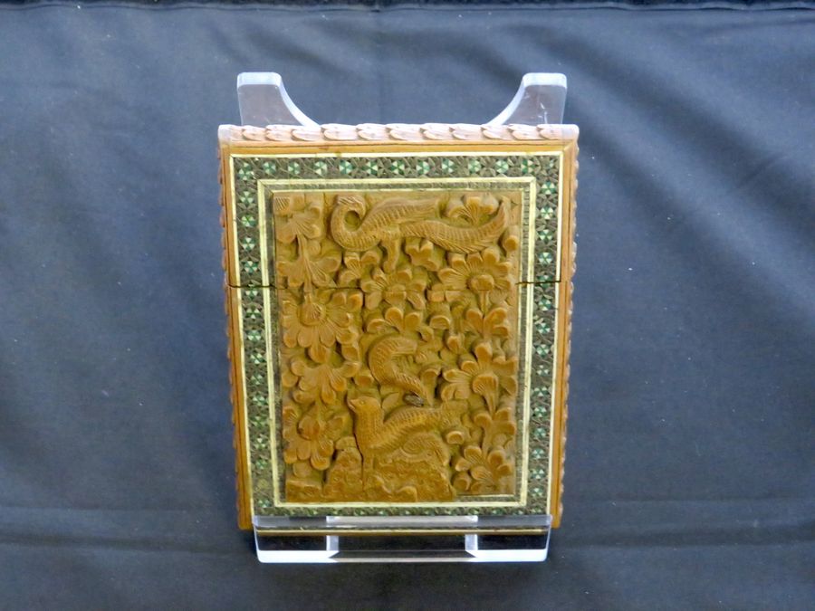 Antique Indian Sandalwood Card Case, Carved Foliage & Animals, Circa Mid 19th Century