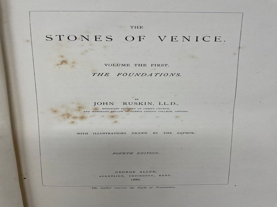 Antique Fourth Edition Three Volumes Of The Stones Of Venice, John Ruskin, Circa 1886