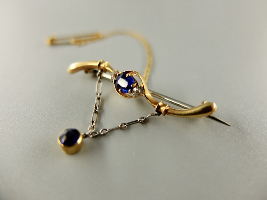 Antique Antique Sapphire and Diamond Bar Brooch In Gold Circa 1900 