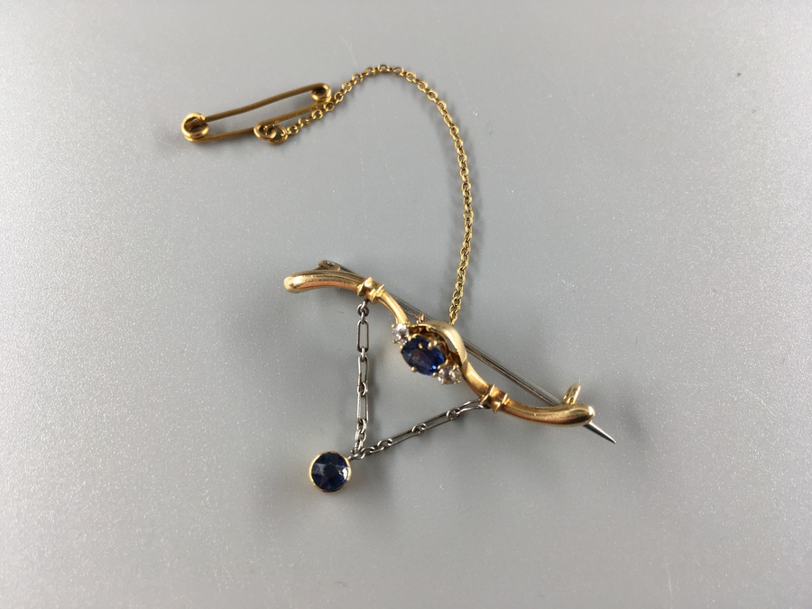 Antique Antique Sapphire and Diamond Bar Brooch In Gold Circa 1900 