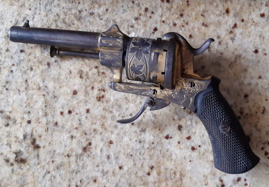 Antique 1800'S SUPERB, CASED, GOLD PLATED PINFIRE REVOLVER OF THE US CIVIL WAR OR WILD WEST.