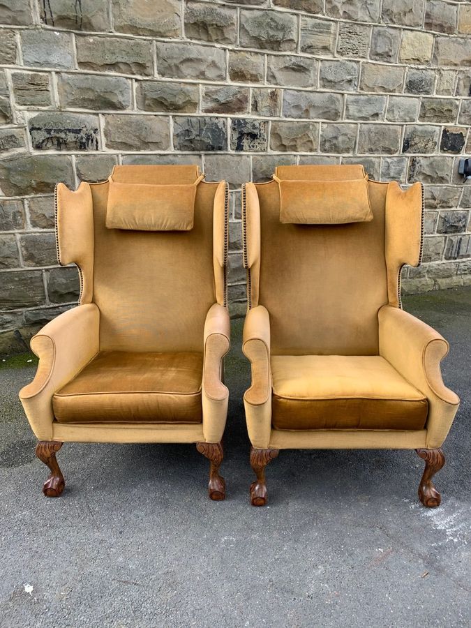 Antique Pair Antique Country House Wing Armchairs