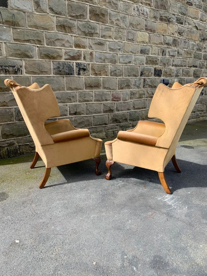 Antique Pair Antique Country House Wing Armchairs