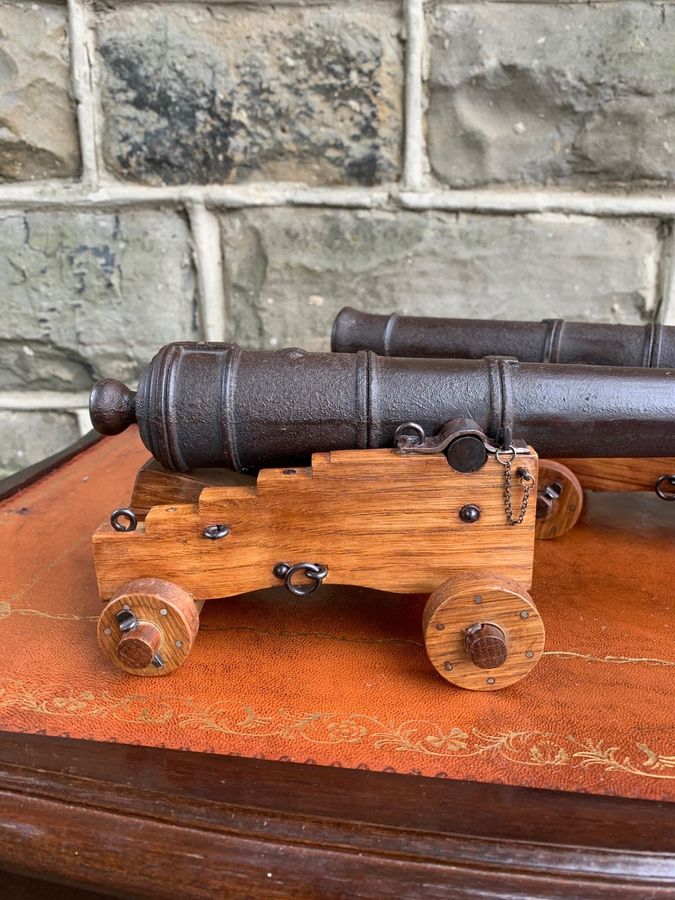 Antique Pair Antique Oak & Cast Desk Top Model Cannons