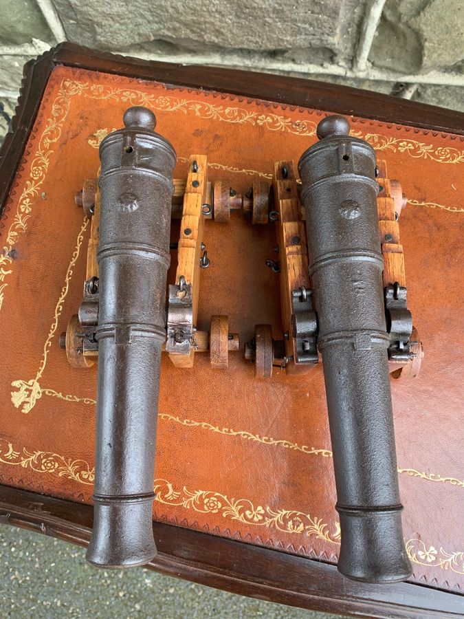 Antique Pair Antique Oak & Cast Desk Top Model Cannons